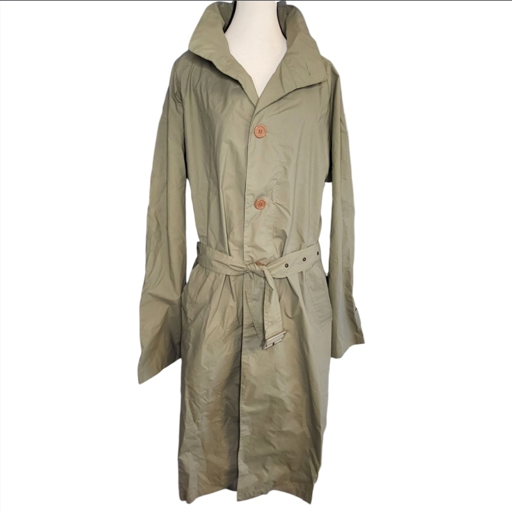 Vintage Earthy Olive Green Belted PVC Coated Nylon Utility Raincoat Men's XL